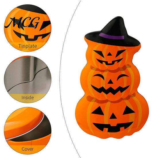 Candy Jar with Secure Lid Halloween Pumpkin Tin Box, Stacked Shaped Metal Treat Container Storage Lid, Orange Tinplate Case for Trick or Party Favors