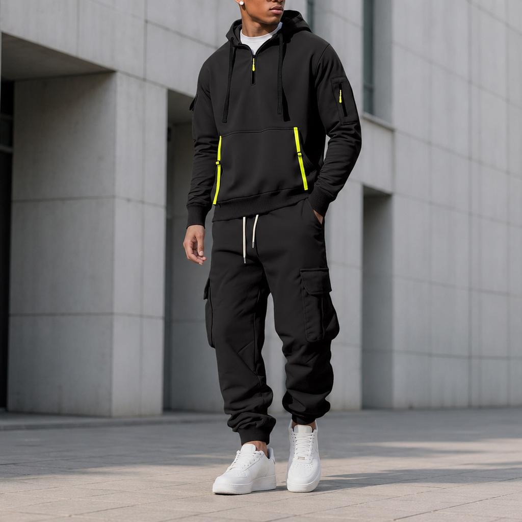 Men's Zip Hoodie Sweatshirt and Multi-Pocket Work Pants Casual Outfit Set