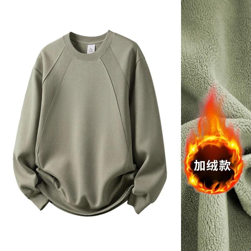 Mens Winter Fleece Sweatshirt Round Neck Loose Fit Solid Color Casual Top