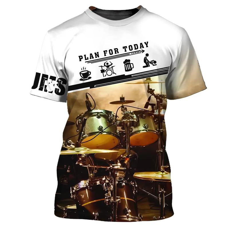 Fashionable Drum Pattern 3D Printed T-shirt, Summer Casual Fashion Short Sleeved Top, Men's Trendy Street Round Neck Clothing