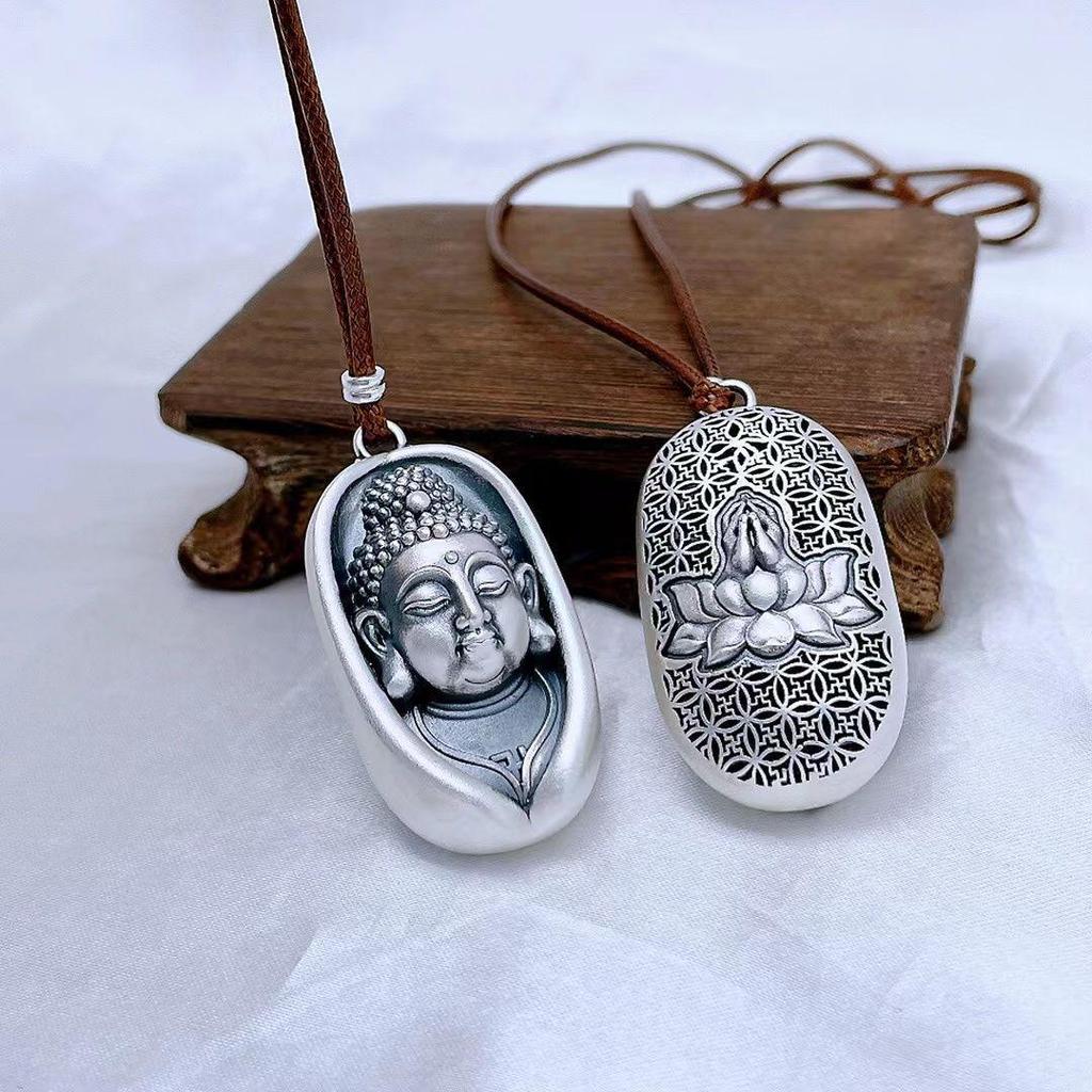 999 Sterling Silver Buddha Head Pendant Necklace with Lotus for Women - Retro Ethnic Style