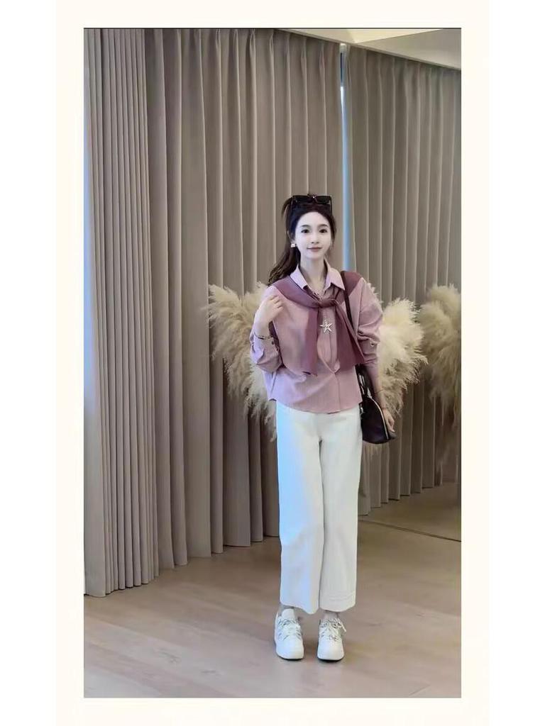 Korean Striped Shawl Long Sleeve Two-Piece Set for Women - 2026 Autumn Slimming Versatile Top