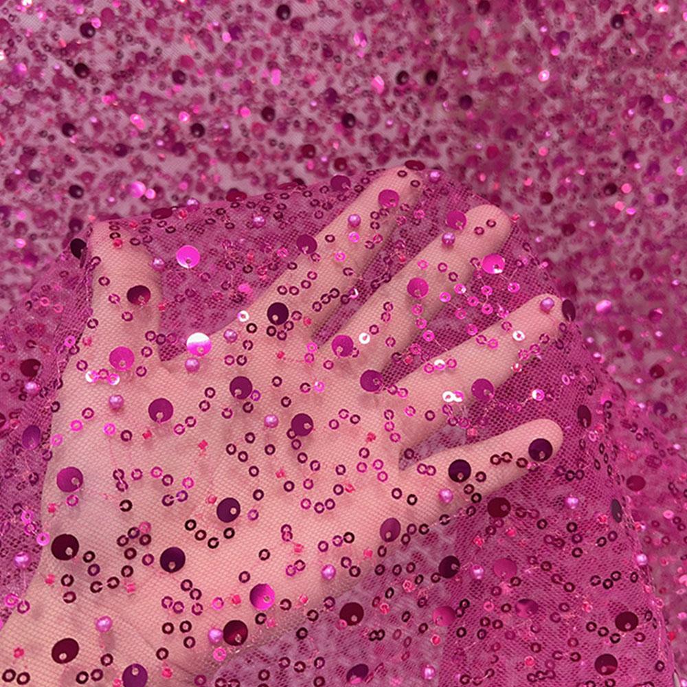 French Style Sequin Mesh Lace Fabric Pearl Bead Heavy Craft Tulle Soft Net For Sewing Women Luxury Dress Robe Trailing Trimming