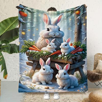 Schattige Winter Konijntjes met Wortels Deken - Zacht, Knus, Stijlvolle Decoratie voor Ultiem Huiscomfort en Ideale Cadeaukeuze
