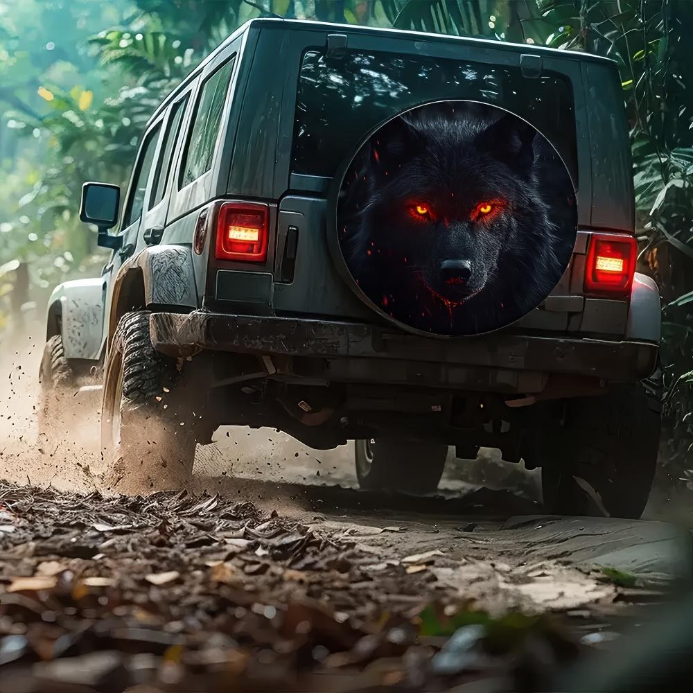 Fierce Black Wolf with Glowing Red Eyes Spare Tire Cover Wheel Protector Covers Outdoor Adventure for Trailer Travel 17 Inch