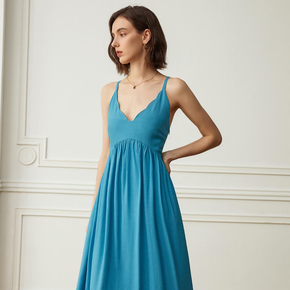 Waiwaiaiem Yy_Leaf Shape V Neck Shirring Dress