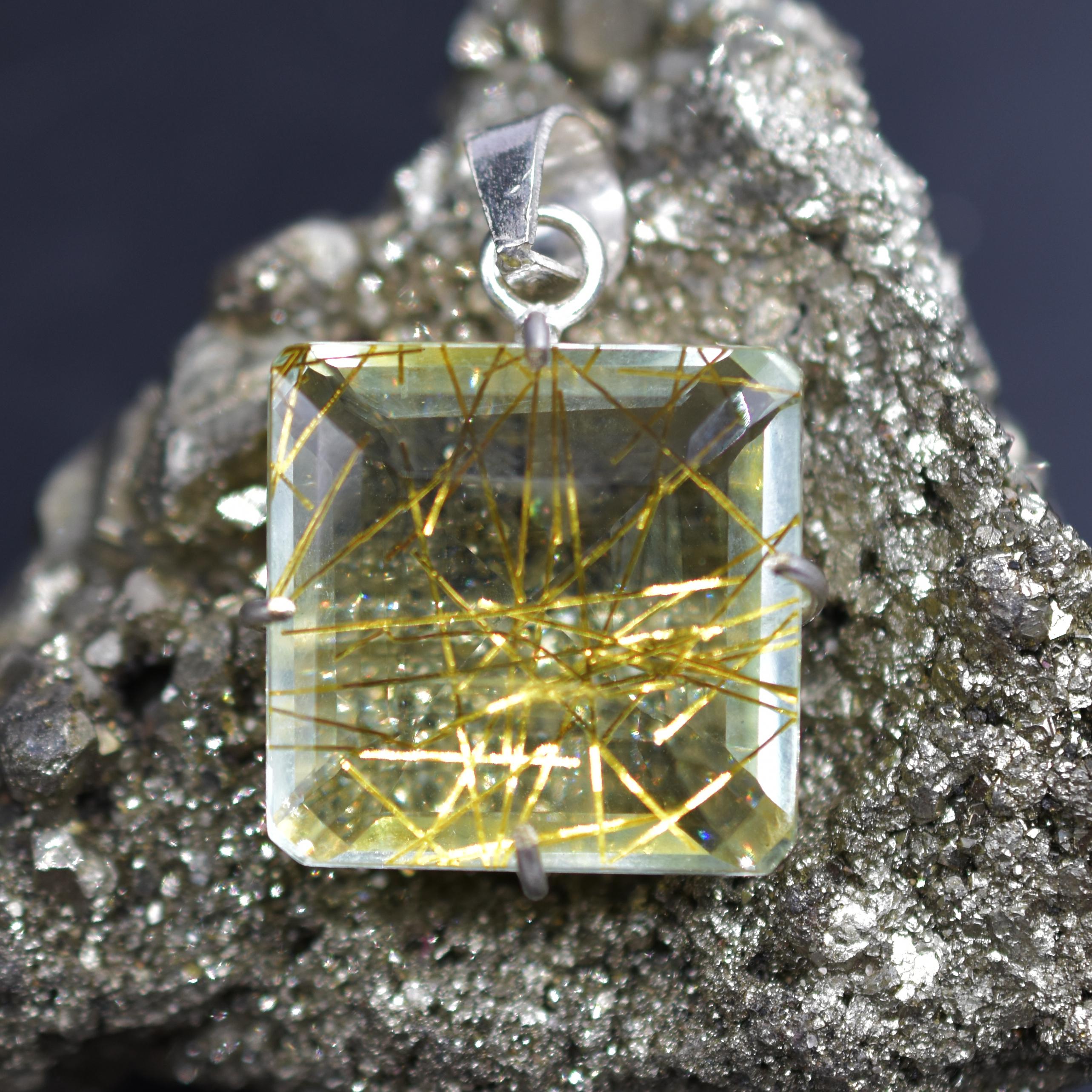 

Yellow Rutilated 925 Sterling Silver Pendant Natural 80.35 Ct Square Certified my-368-k 40.5 mm approx жовтий