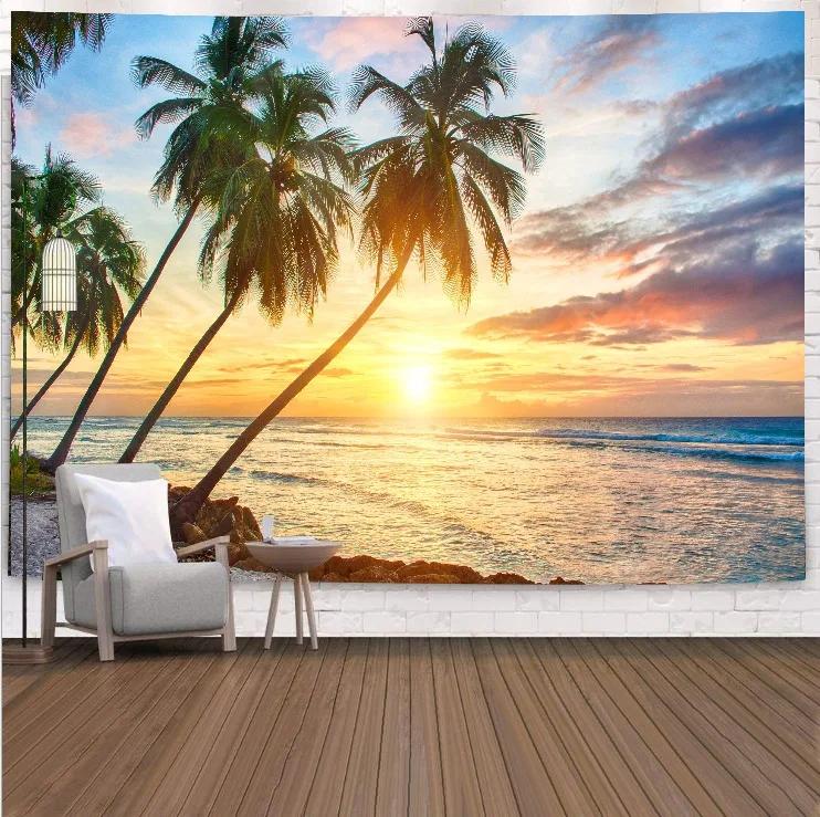 VIKAMA Tropical Beach Landscape Tapestry Summer Coconut Grove Waves Fresh Vacation Style Living Room Room Decoration