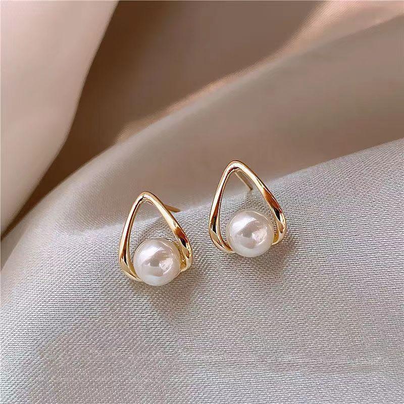 925 Silver Needle Temperament High-end Full Diamond Pearl Earrings Women's ins Wind Geometric Earrings Korean Light Luxury Earrings