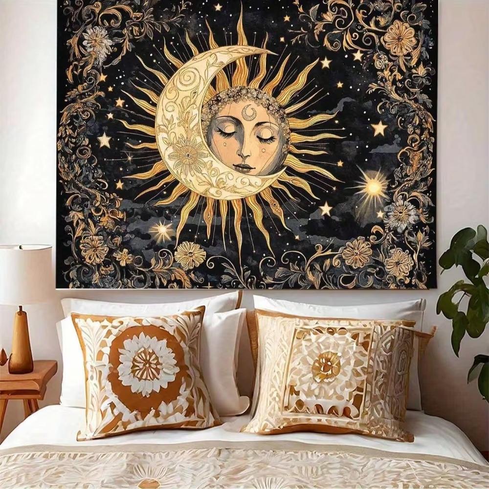 Celestial Sun and Moon Tapestry 1Piece Star  Floral Pattern Wall Hanging Decor for Living Room Bedroom Dorm Aesthetic