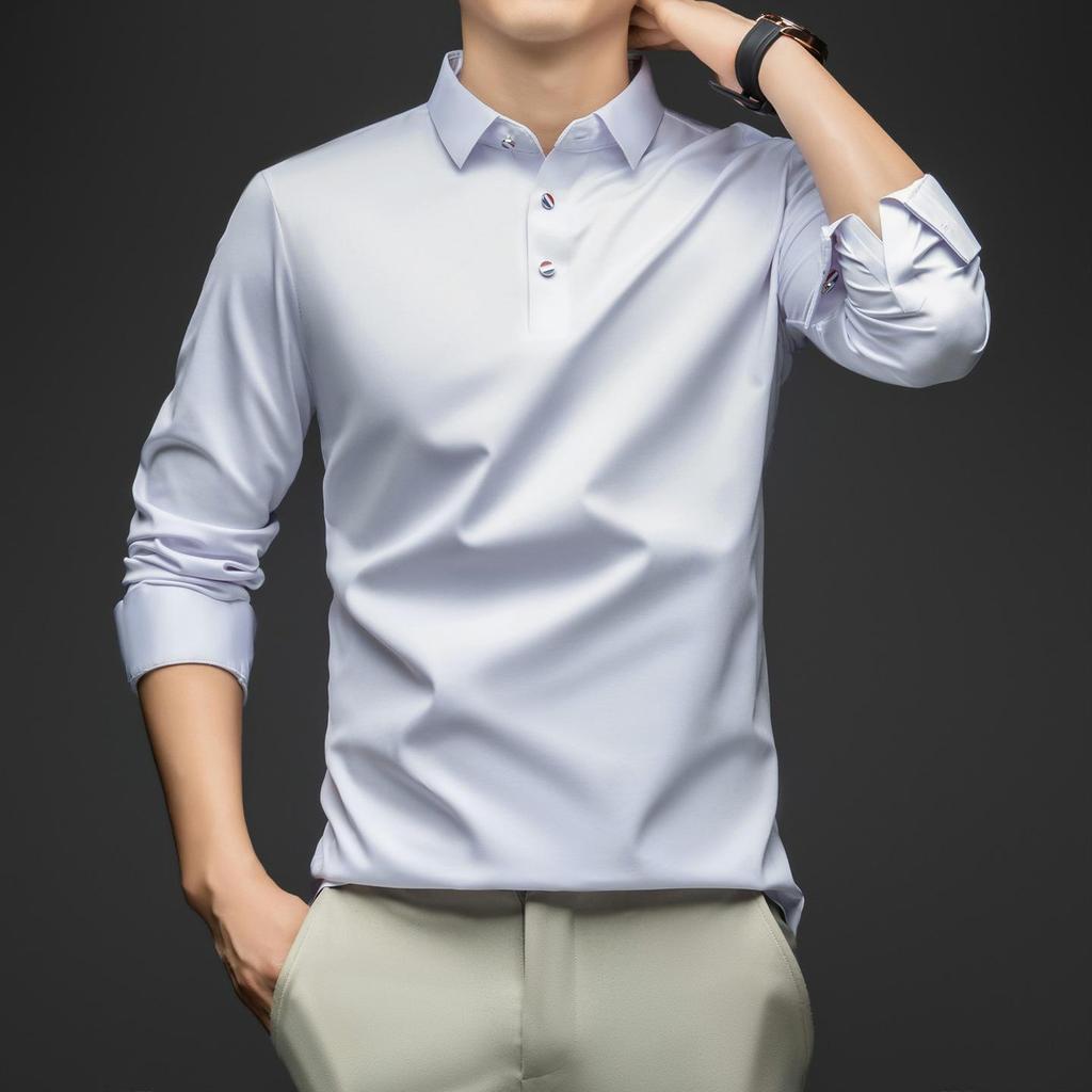 Men's High-End Solid Color Long-Sleeve Polo Shirt with Mulberry Silk