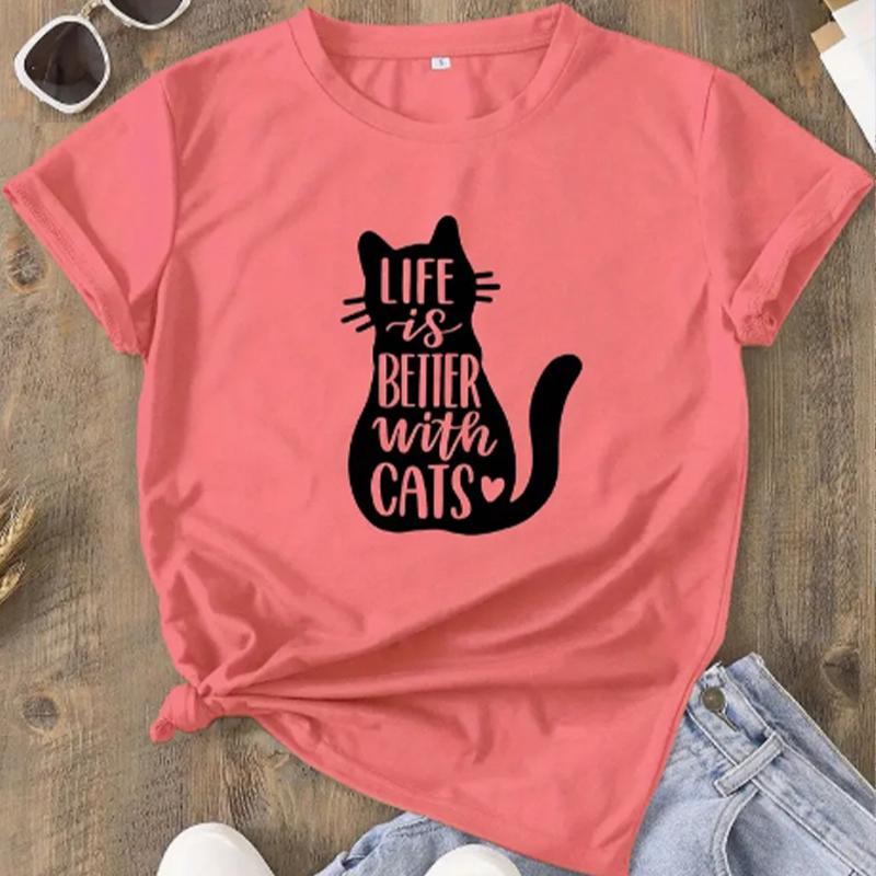 T-shirt da Donna alla Moda con Stampa Slogan Gatto Divertente Casual Girocollo Maniche Corte T-shirt Estiva da Donna