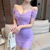 Sexy one-word collar mesh shoulder sleeves off-the-shoulder tight body hip-wrapped bottom short suspender dress new