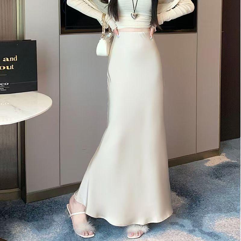 Women's Autumn Satin Half Skirt Silky Drapey Long Umbrella Skirt A-Line Premium Bodycon Mermaid Skirt