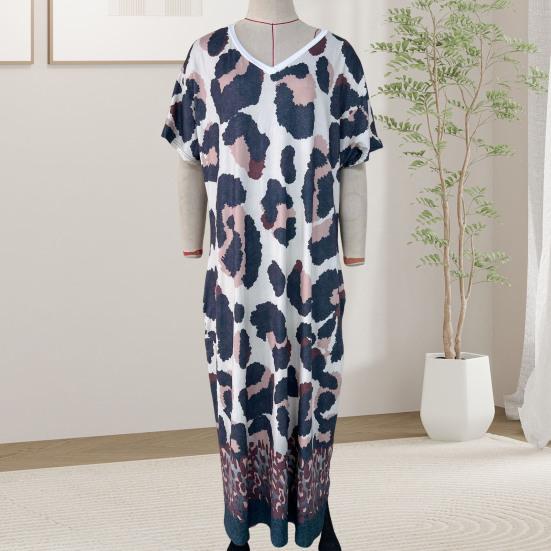 Women Summer T-shirt Shift Dress Leopard Print Short Sleeve V Neck