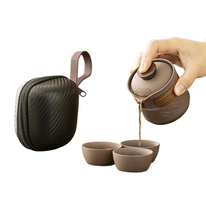 Chinese Style Purple Sand Portable Quick Cup One Pot Fills Three Cups Travel Tea Set Suit Outdoor Teapot Storage Bag