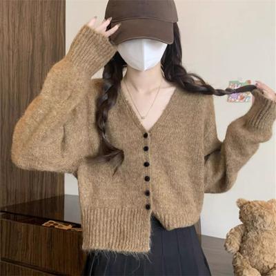 2025 Autumn and Winter New Korean Simple Lazy Wind Knitted Cardigan Women's V-neck Long-sleeved Casual Sweater Jacket Women