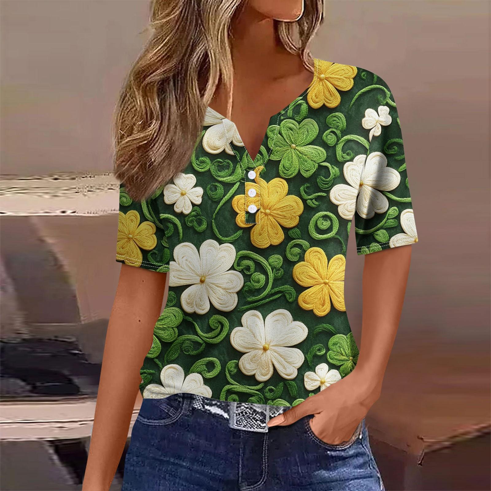 

Женская мода в стиле кэжуал. Топ с короткими рукавами и V-образным вырезом на пуговицах с принтом ко Дню Святого Патрика XL жёлтый