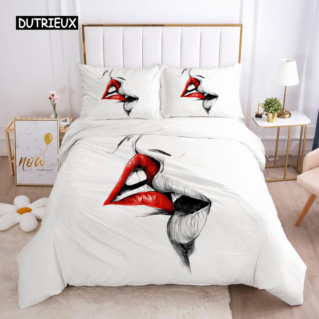 Röda Läppar Påslakanset Queen Polyester Kärlek Twin Sängkläder Sexigt Tema Vuxen Par Täcke Örngott 3D Kyssmärken Quiltöverdrag