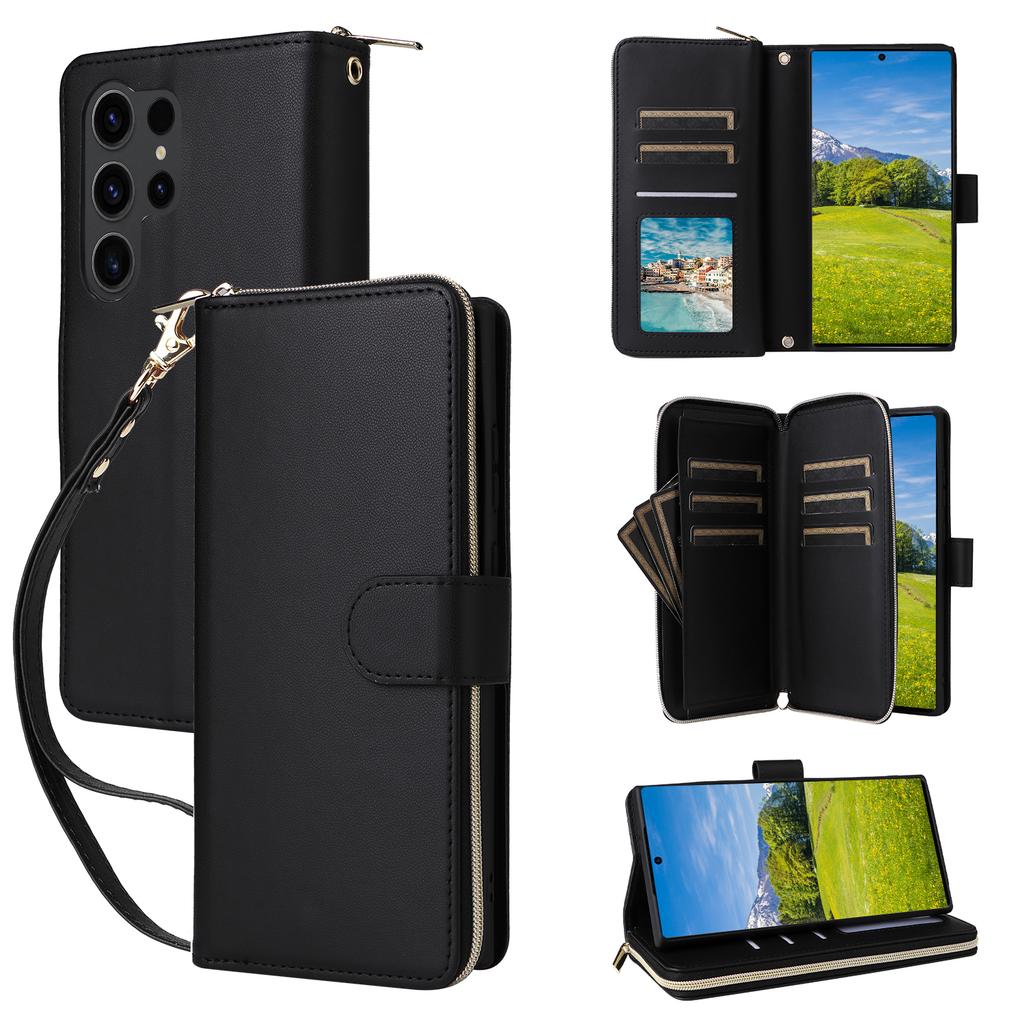 R20 For Samsung Galaxy S23 Ultra Case Zipper PU Leather Phone Cover with Straps