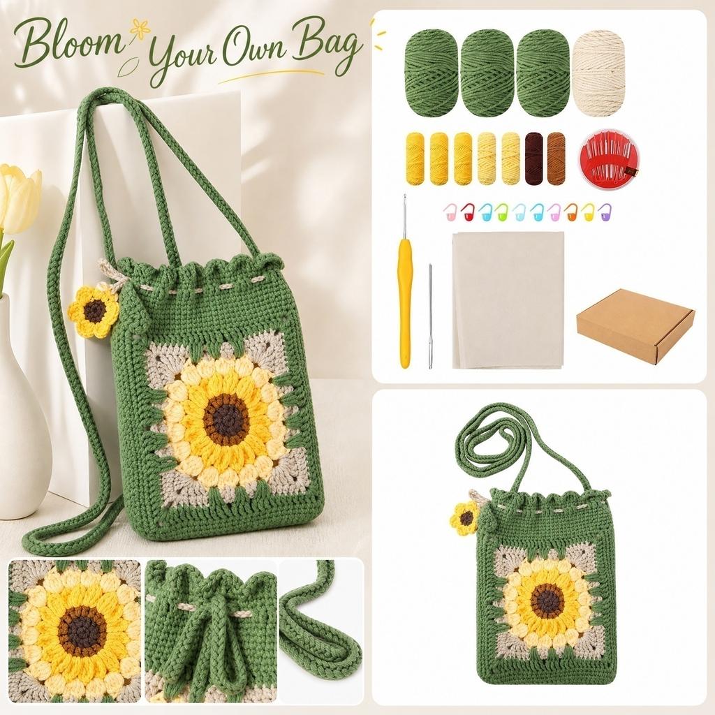 Háčkovací sada na slunečnicovou tašku DIY Ručně vyráběná crossbody kabelka s kompletní sadou příze, háčků, značkovačů a příslušenství pro kreativní projekty