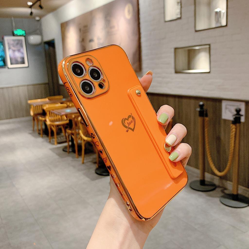 Applicable To iPhone17 Mobile Phone Case New Electroplated 6D Straight Edge Side Love Wristband Bracket Apple 16 Protective Case