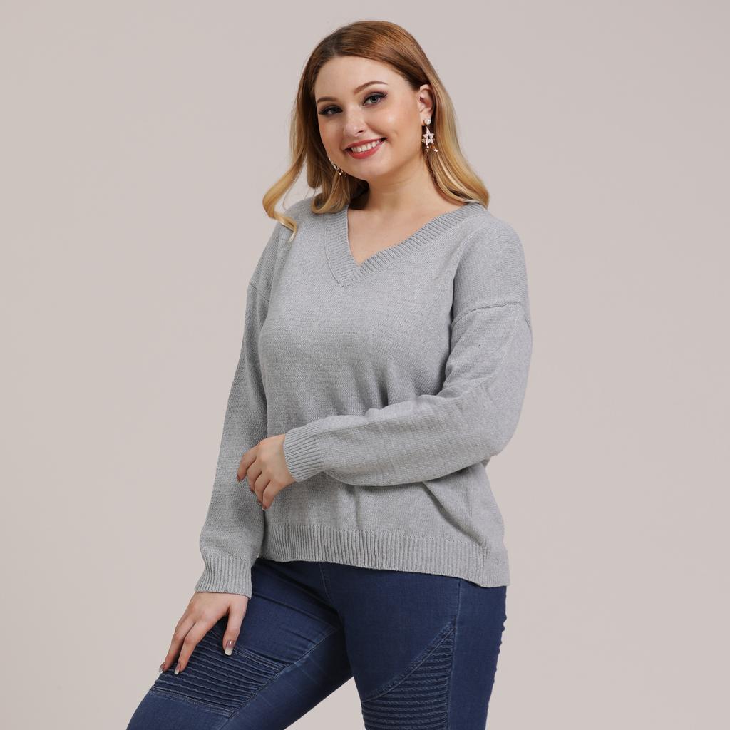 Autumn and Winter Plus Size Women's Solid Colour Simple Woven V-neck Pullover Jumper