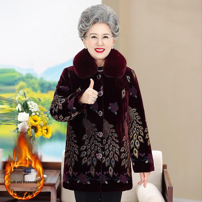 

Grandma s Mink Velvet Coat with Fleece Lining, Thickened, for Middle-Aged & Elderly, Fur Collar, Warm Cotton-Padded Jacket. 3XL