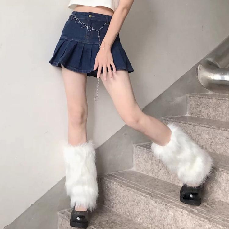 Damskie Zimowe Gładkie Futrzane Ocieplacze na Nogi Skarpety Harajuku Gotyckie Legginsy Mankiety do Butów