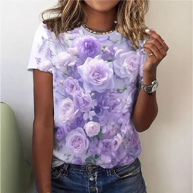 Digital Printed Pattern Women's Flower Short Sleeved Round Neck T-shirt