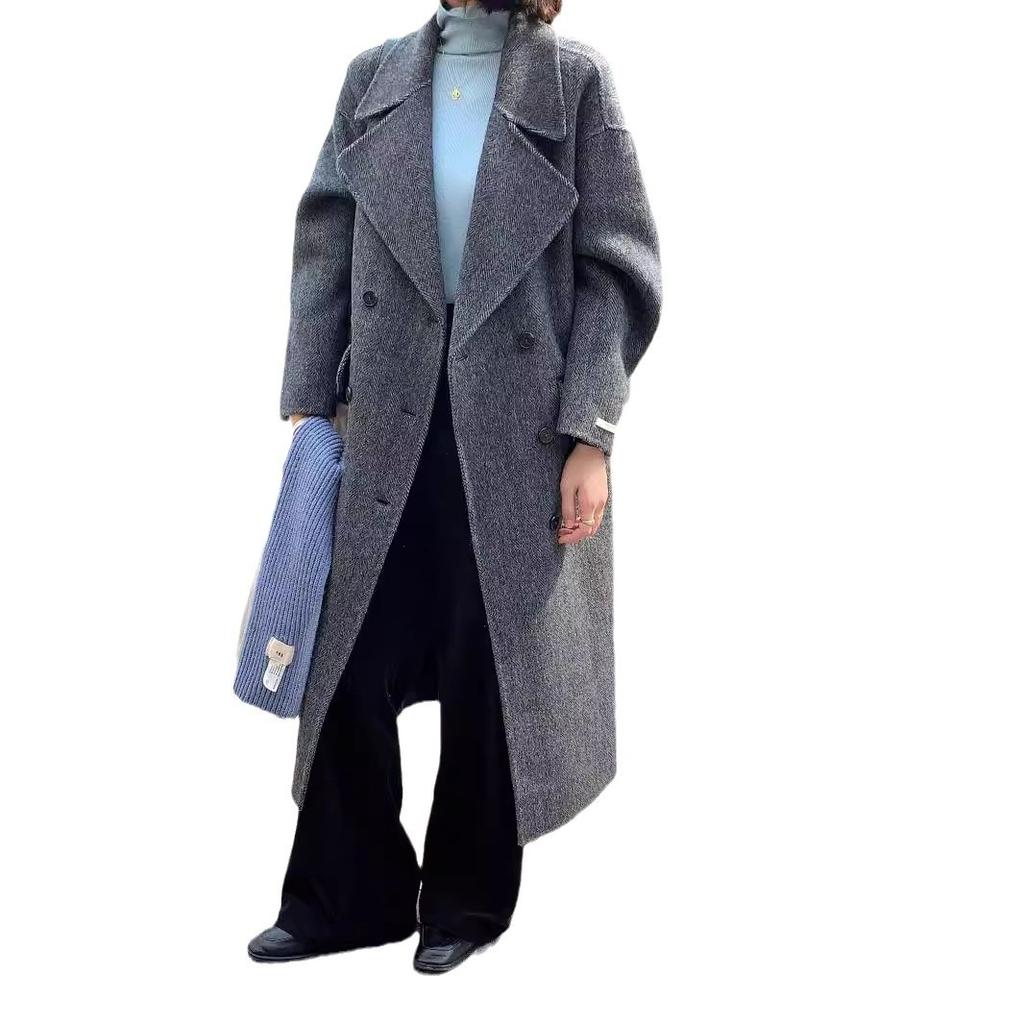 Classic double-breasted herringbone camel wool coat for women's loose and thin casual woolen coat