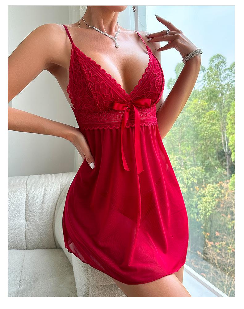 Lace Spaghetti Strap Mesh Nightgown - Sexy See-through Lingerie for Women