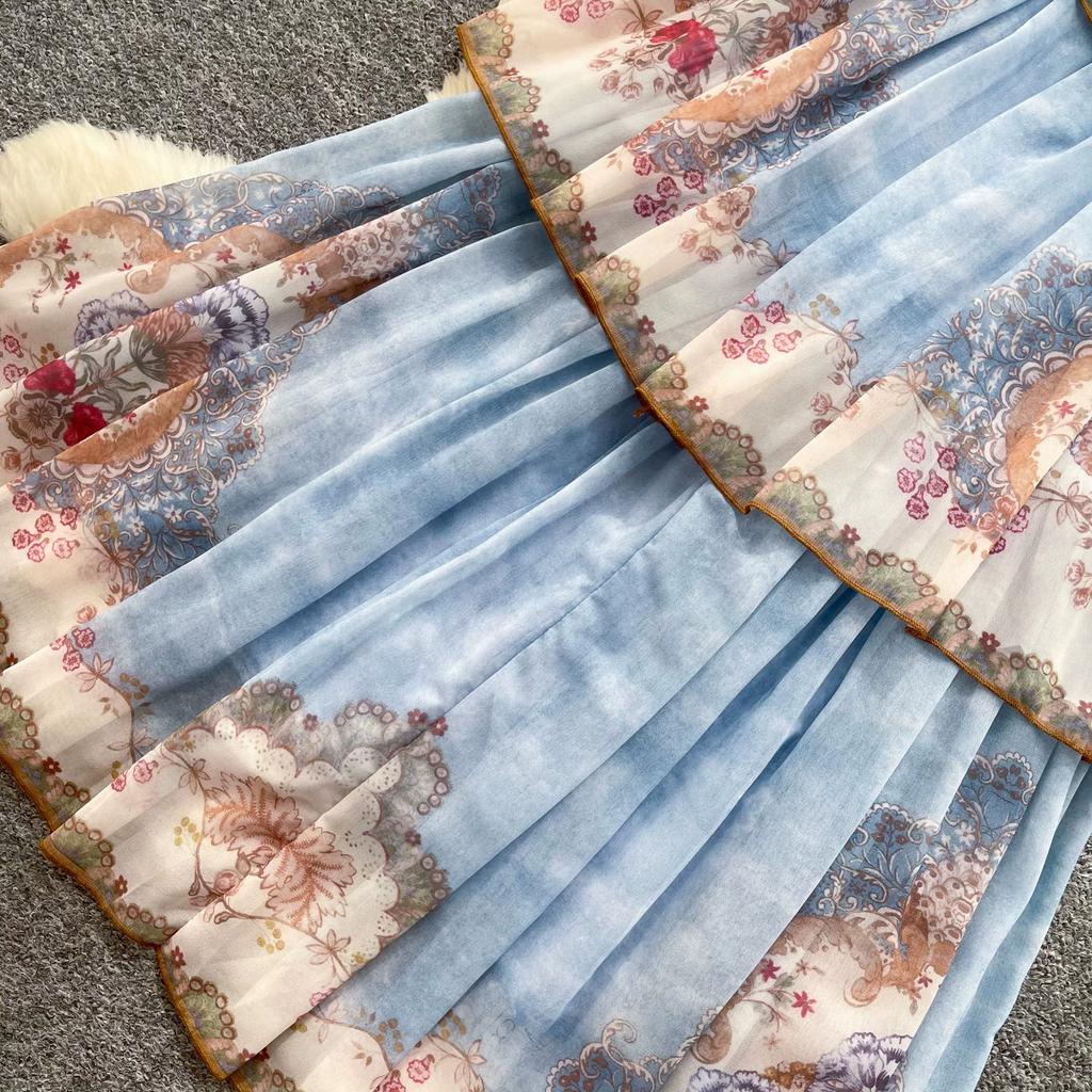 French Romantic Style Blue Floral Spaghetti-Strap Long Dress for Women Summer Korean-Style Tiered Slimming VacationBeach Dress