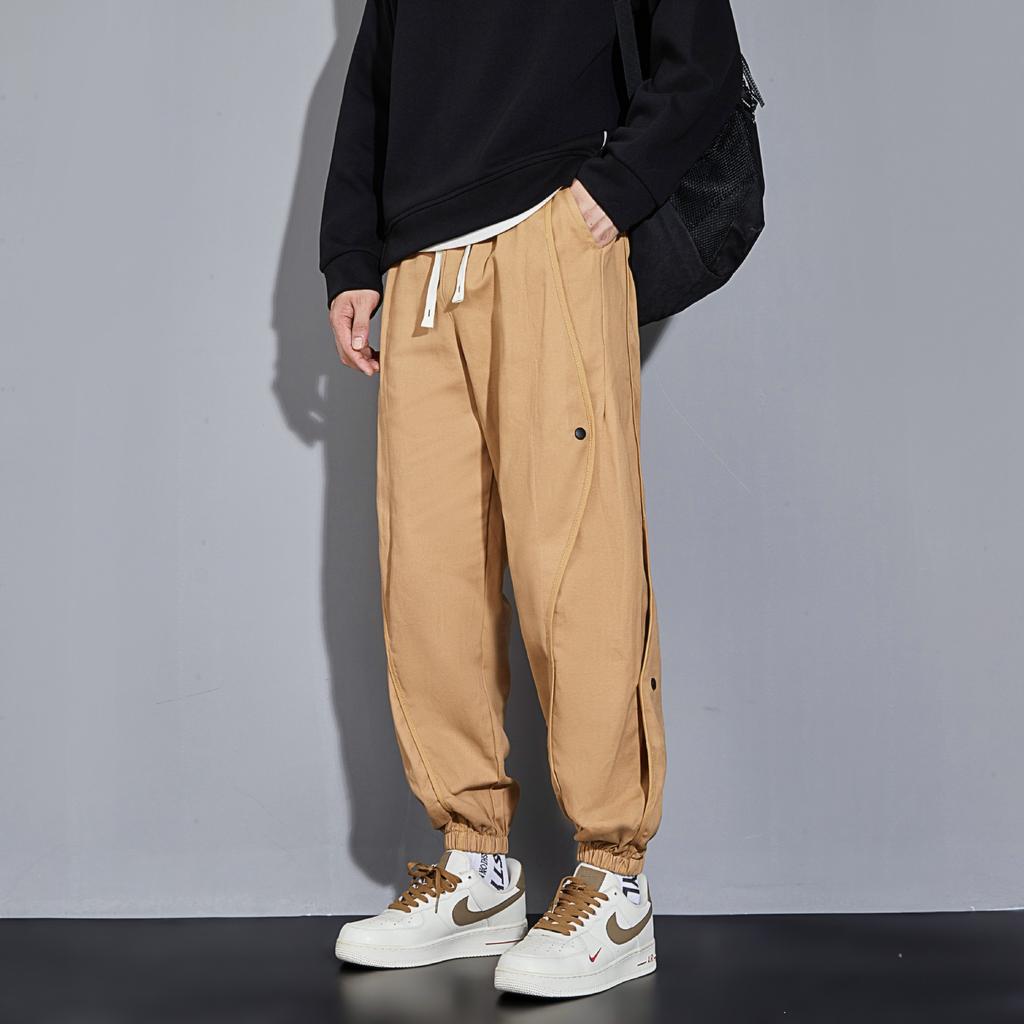Large size casual pants, multi-pocket splicing button elastic overalls, men's tied-leg trousers