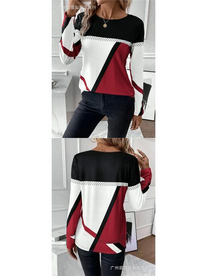 New Arrival Women's Pullover Round Neck Geometric Print Color Block T-shirt