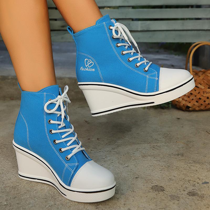 Breathable High Top Canvas Sneakers for Women Fashion Wedge Heel Platform Sports Shoes Woman Lightweight Lace Up Casual Sneakers