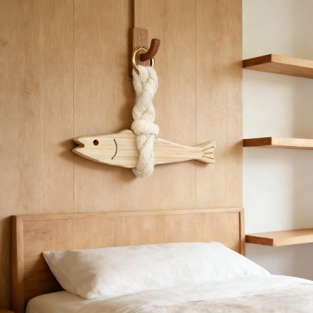 Wooden Fish Shaped Pendant Rope Ring Design Wall Art Hanging Decor for Home Door Car Ornament Room Decoration Accessories 1PC