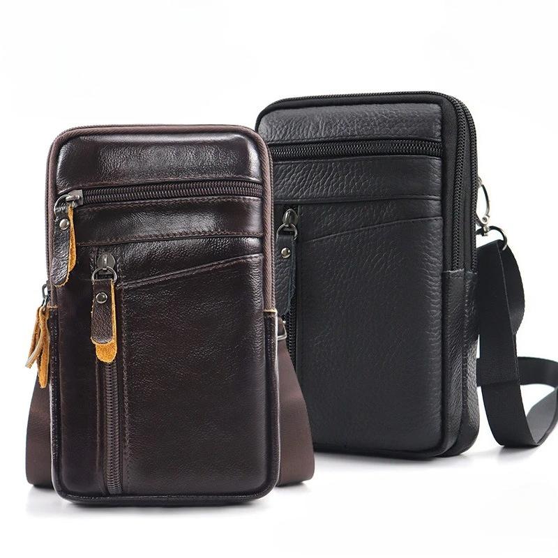 Herren Echte Leder Handy Tasche Crossbody, Vintage Kleine Umhängetasche, Kompakte Hüfttasche mit Reißverschlussfächern, Outdoor Reise Tasche
