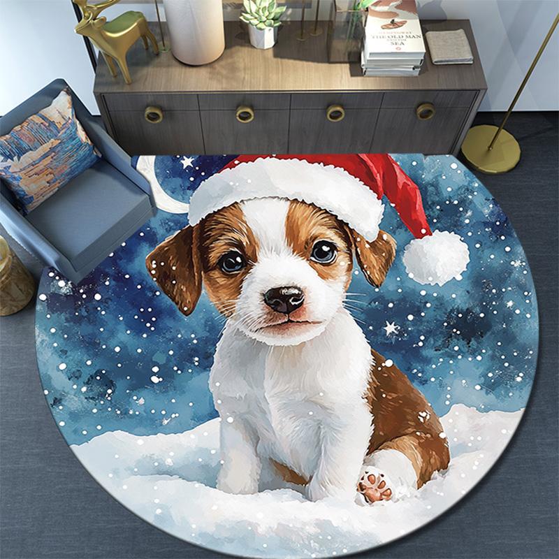 Christmas Puppy Round Area Rug,Carpet Rug for Living Room Bedroom Sofa Playroom Decor,Non-slip Floor Mat
