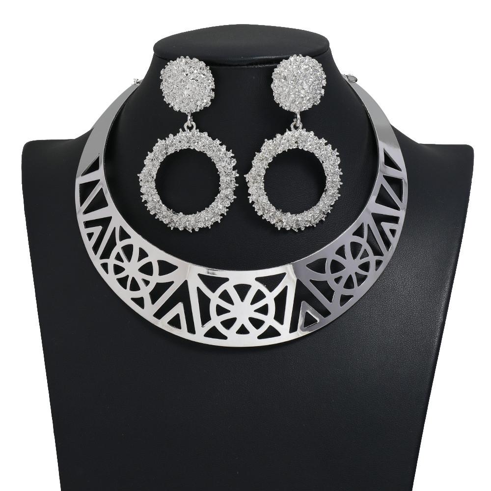 Solid Fashion Color Hollow Design Women Metal Necklace Collar Round Earring Set
