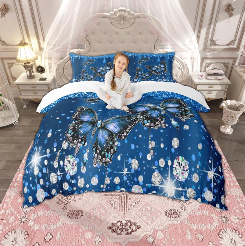 Homewish Chic Butterfly Duvet Cover Set For Girls Cartoon Animal Bedding Set Flying Wildlife Quilt Cover Set