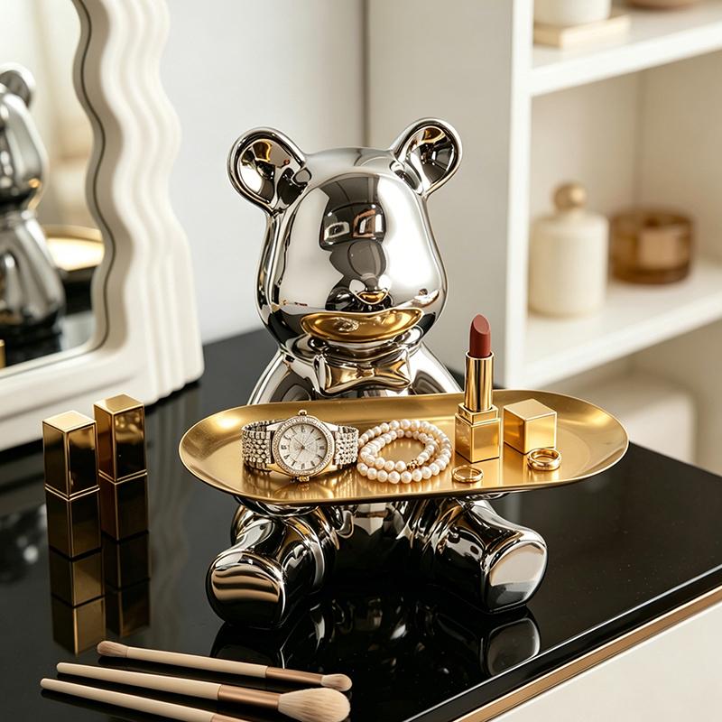 Silver Plated Bear Figurine with Metal Tray Modern Art Sculpture for Keys Cosmetics Living Room Vanity Table Home Decor