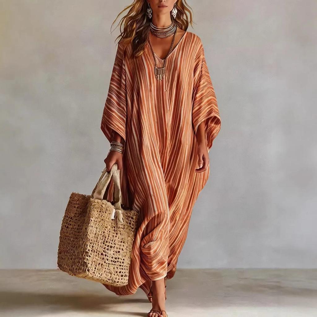 Women Striped V-Neck Loose Dress Elegant Casual Stylish Half-Sleeved Ankle Dress Female Outdoor Vacation Style Beach Dress