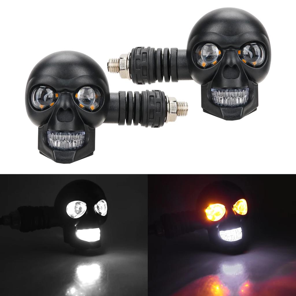 Skull Motorcycle Indicator Dual Color Motorbike Scooter Front Rear Turn Signal Lights 12V White/Red/Blue & Yellow Running Lamp