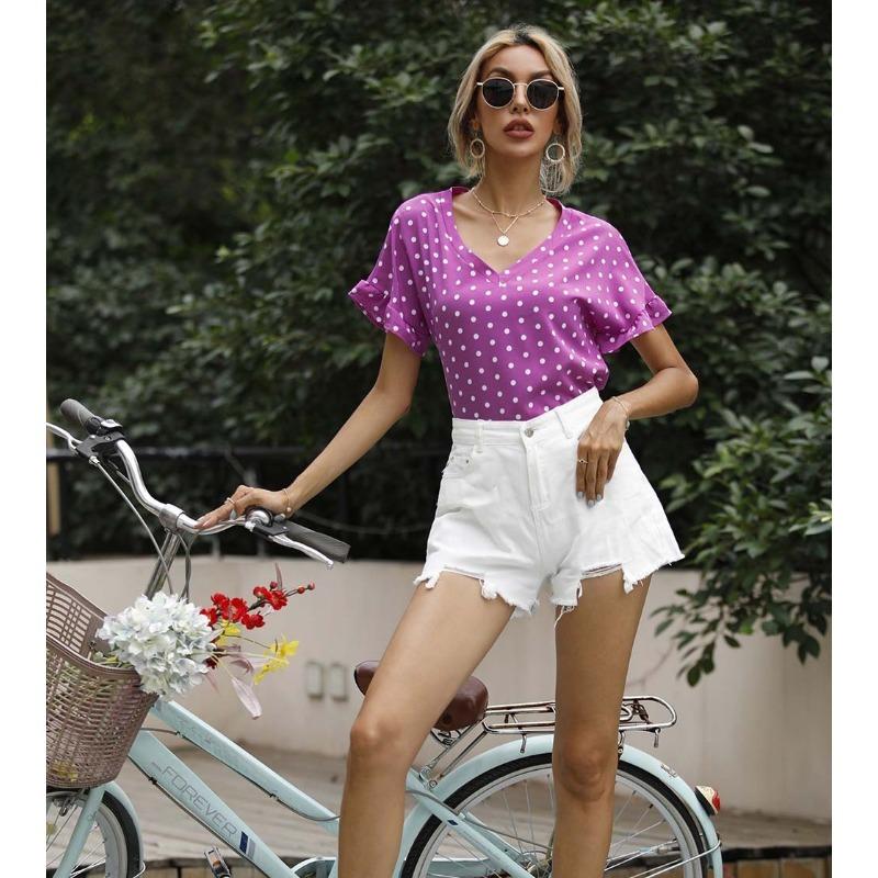 Women's Summer Polka Dot V-Neck Short Sleeve T-Shirt Top