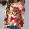 Flowers Cat  Long Sleeves Women Colorful Animal 3D Clothing  Tops O-Neck Cotton Clothes T-Shirt