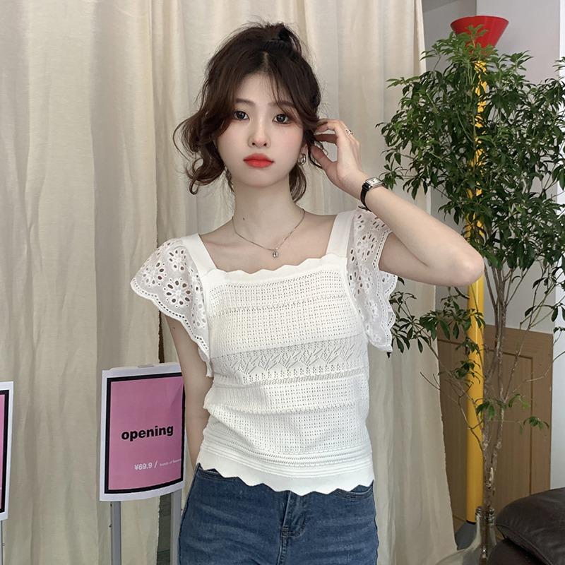 Women's Tops Solid Color Hollowed Out Sweet Square Neck Short Sleeve T-shirt