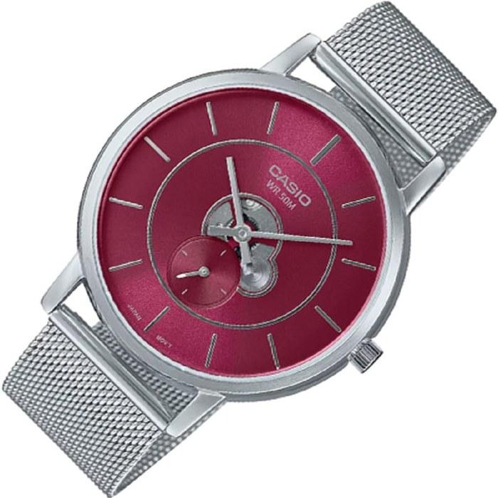 Casio Analog Watch, Metallic Silver/Red, Bracelet