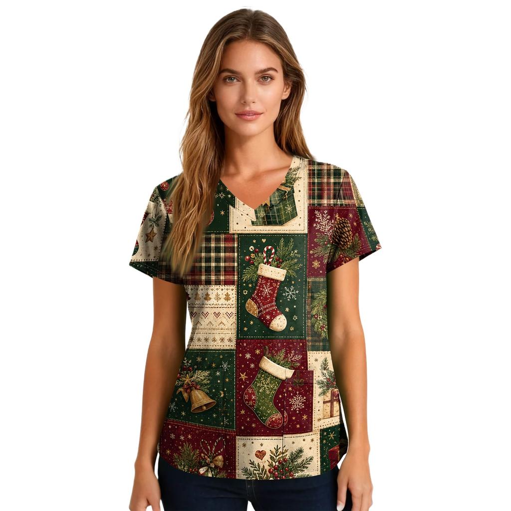 Women's Christmas Uniform V-Neck Short Sleeve Work Top for Caregiver