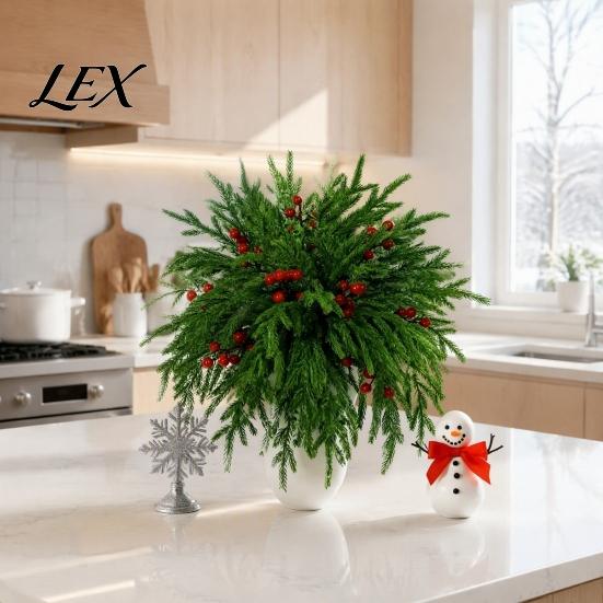 Artificial Flower Arrangements for Indoor 20Pcs Christmas Norfolk Pine Picks, Flocked Snow Branches with Tree Ornaments Atmosphere Red Berries,